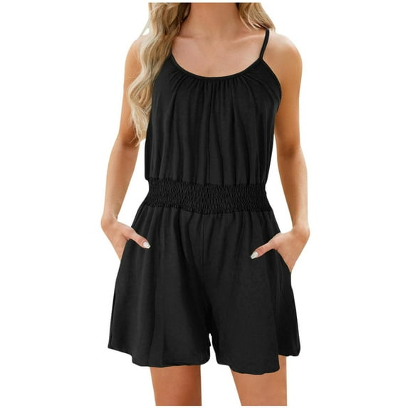 ameIAEA Women Adjustable Spaghetti Strap Loose Rompers Wide Leg Shorts Sleeveless Jumpsuit with Pockets
