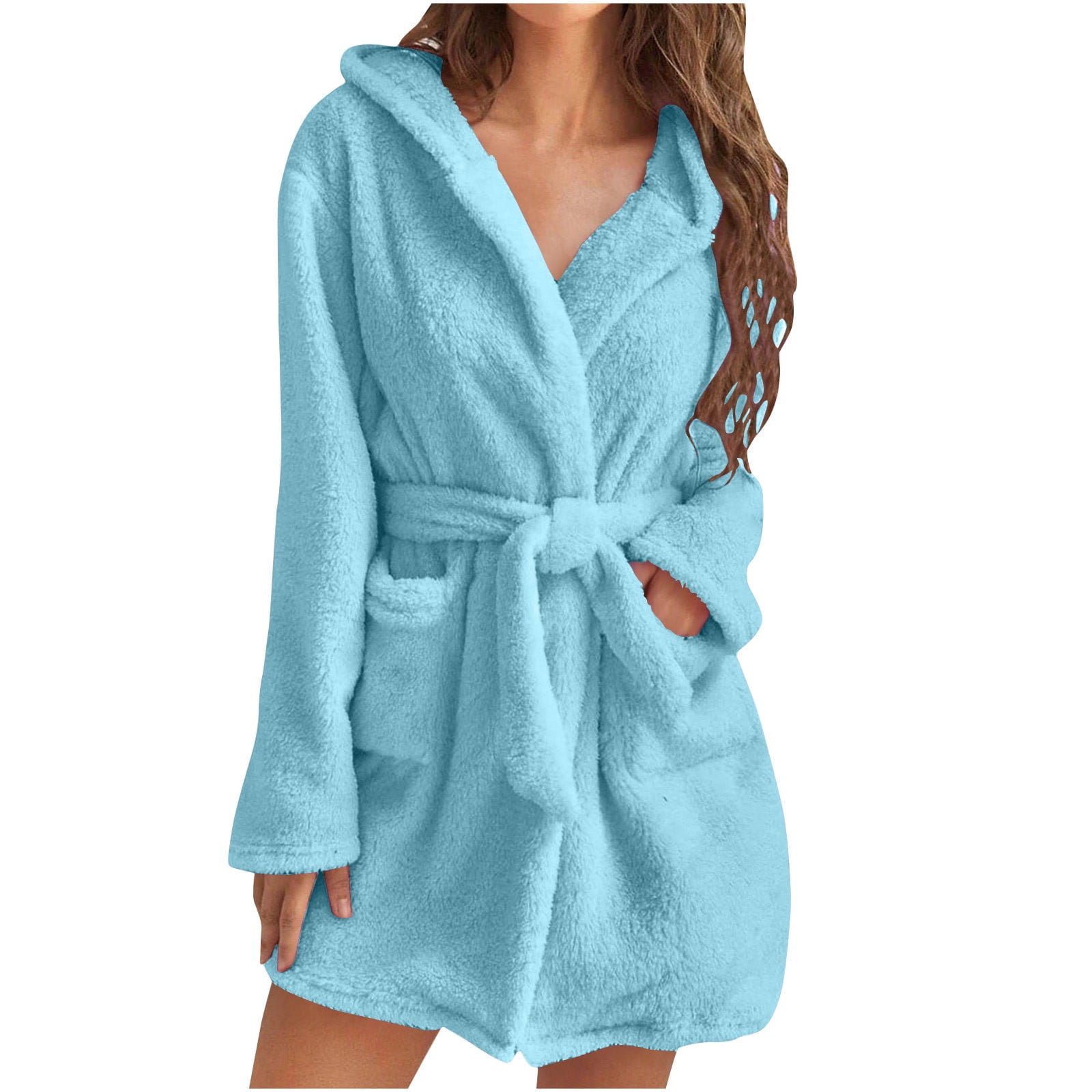 ameIAEA Women Hooded Fleece Robe Short Plush Warm Bathrobe Lightweight