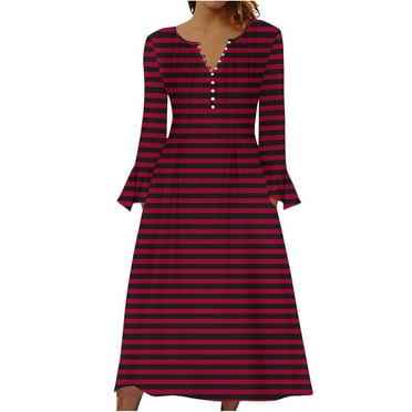 ameIAEA Women Long Bell Sleeve Dress Button Up V Neck A-Line Printed Long Dress with Pockets