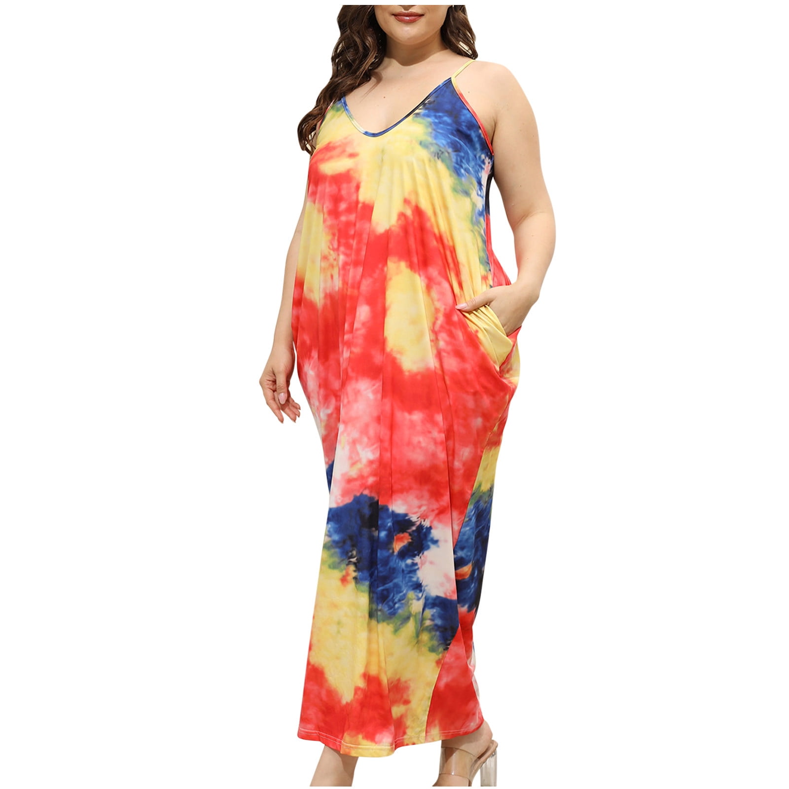 ameIAEA Women Plus Size Beach Dress Summer Spaghetti Strap Sleeveless V ...