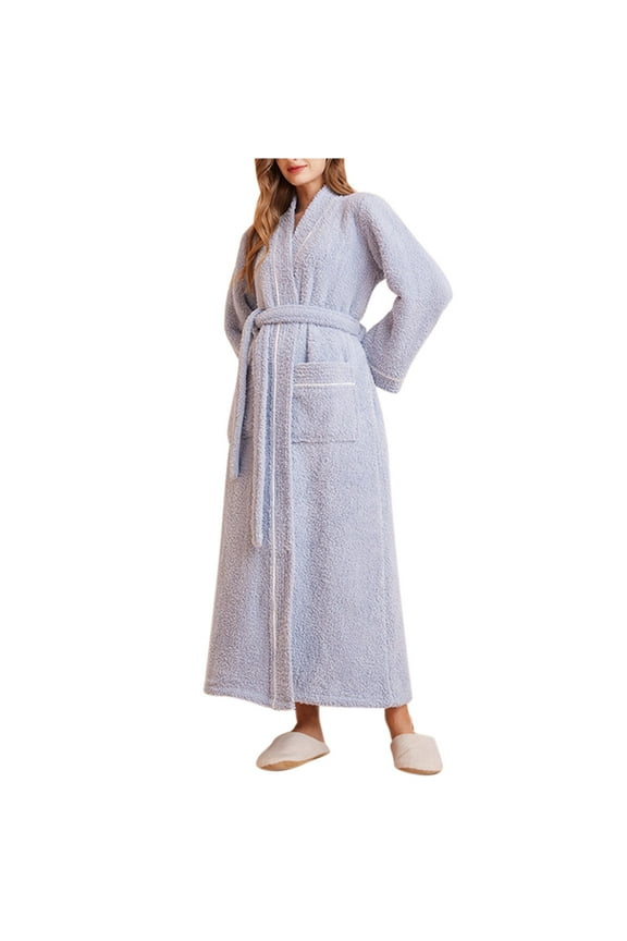 Women Robe Belted Long Fleece Barhrobe Warm Plush Long Sleeve Lounge Robe with Pockets