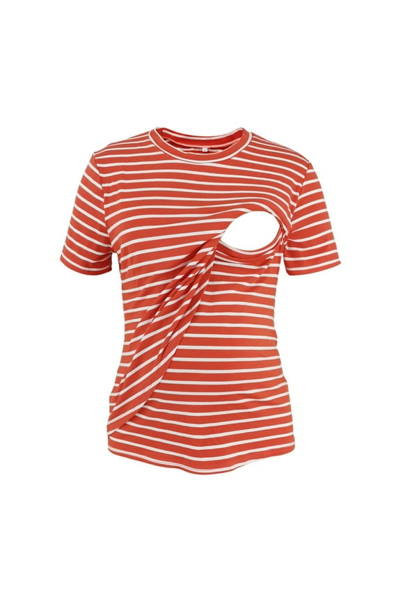 Women Short Sleeve Nursing Shirts Double Layer Maternity Tops Breastfeeding Round Neck Tees