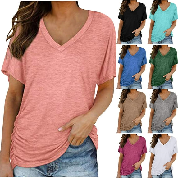 ameIAEA Womens Short Sleeve V Neck Shirts Casual Dressy Ruched Blouses Summer Work Tops Solid Color
