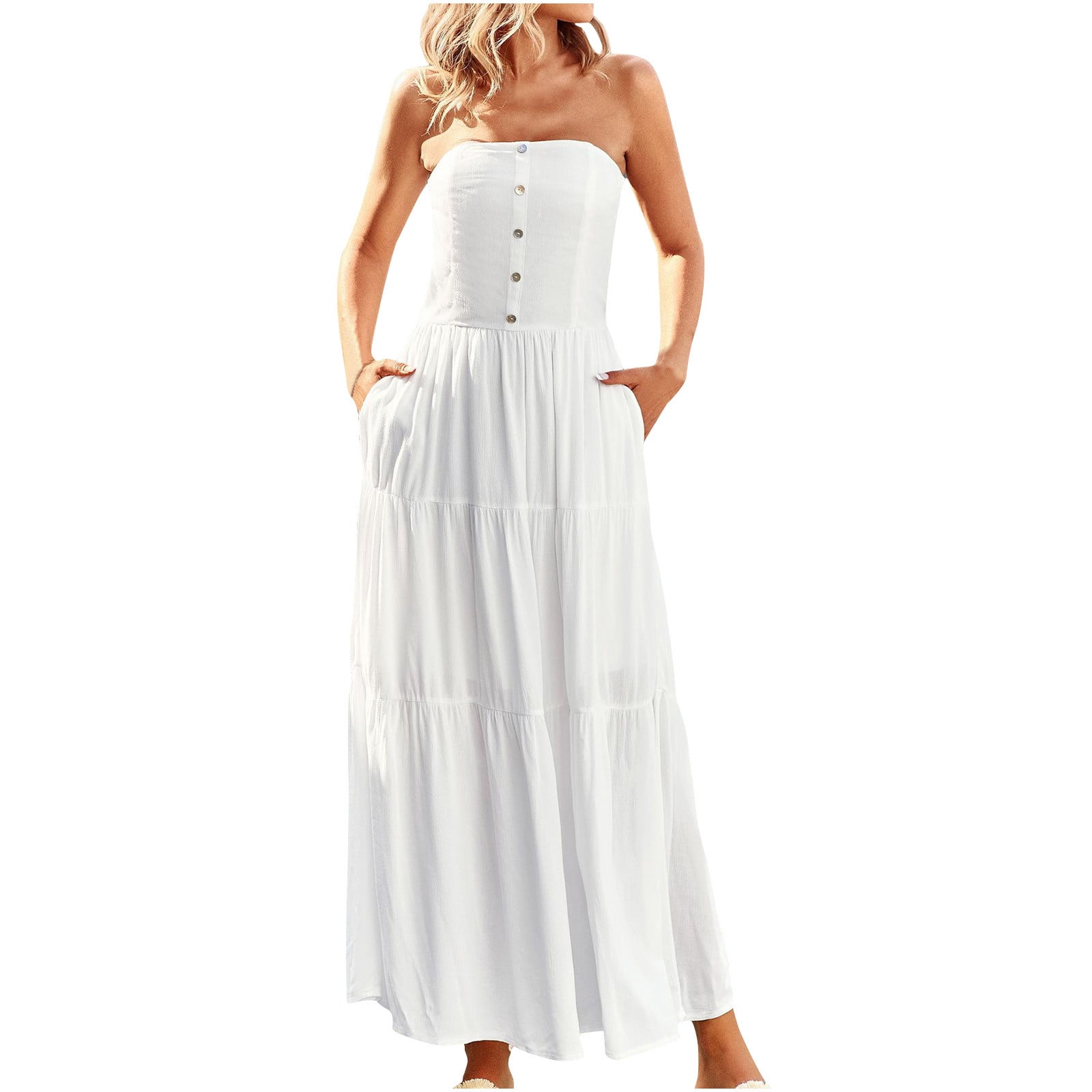 ameIAEA Women Summer Strapless Maxi Dress Solid Color Button Tiered ...