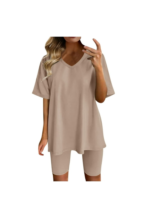 Women's Athletic Clothing Sets 2 Piece Outfit Short Sleeve V Neck T Shirt Leggings Shorts Gym Set