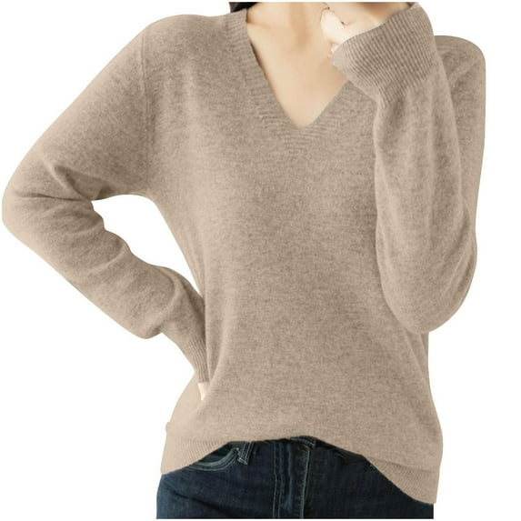 ameIAEA Women's Fall Knitted Shirts Long Sleeve V Neck Sweater Solid Color Casual Pullover Tops