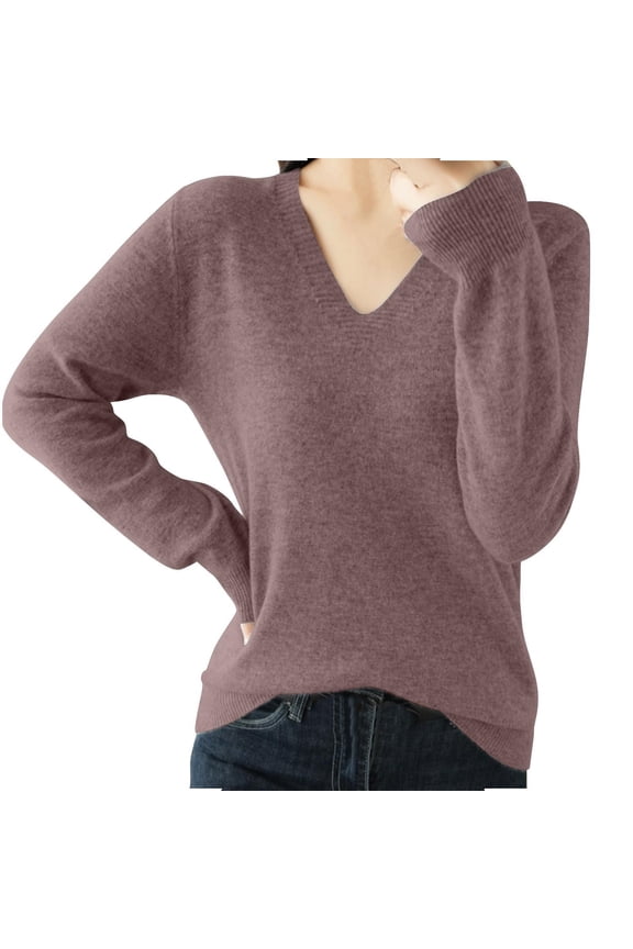 Women's Fall Knitted Shirts Long Sleeve V Neck Sweater Solid Color Casual Pullover Tops