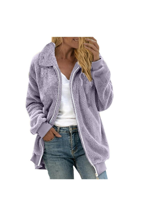 Women's Fuzzy Fleece Jacket Lightweight Full Zip Up Coat Warm Outerwear for Spring Fall Winter
