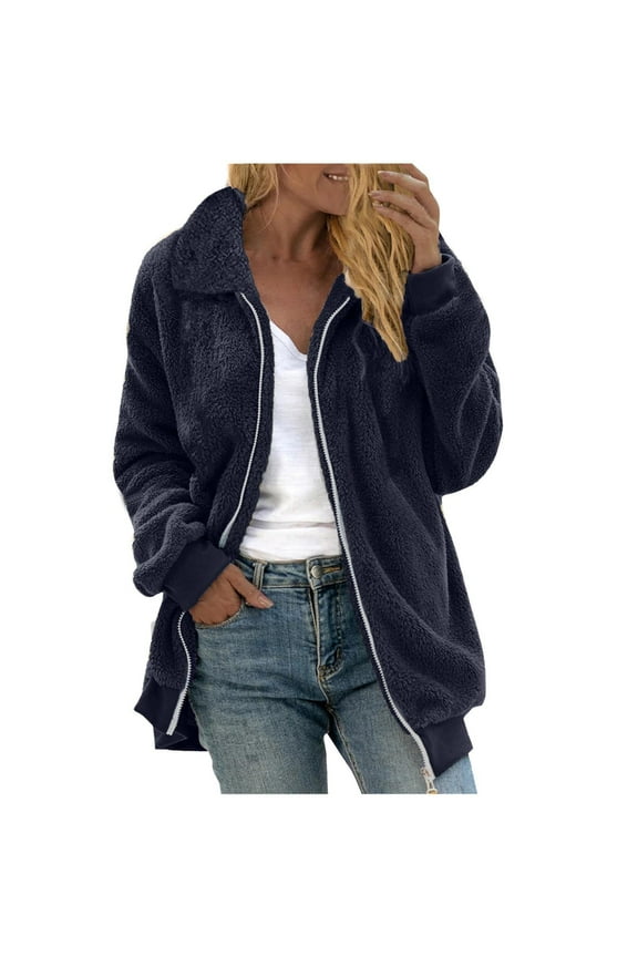 Women's Fuzzy Fleece Jacket Lightweight Full Zip Up Coat Warm Outerwear for Spring Fall Winter