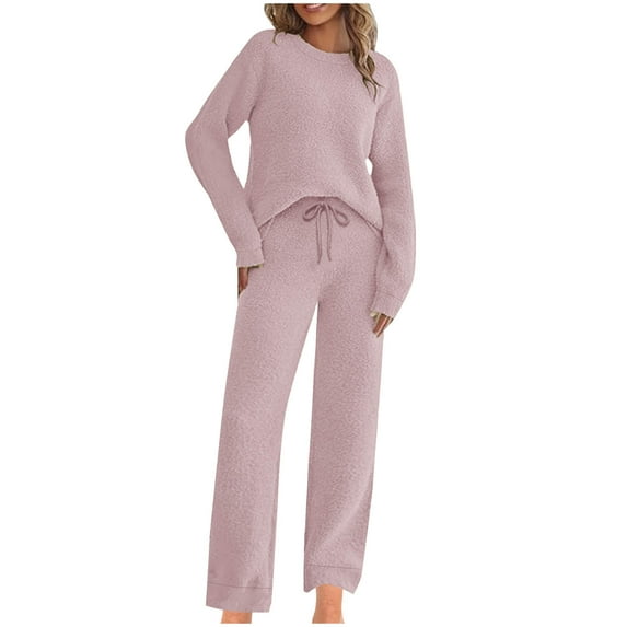 ameIAEA Women's Fuzzy Fleece Lounge Sets 2 Piece Outfits Long Sleeve Top Wide Leg Pants Pajama Sets