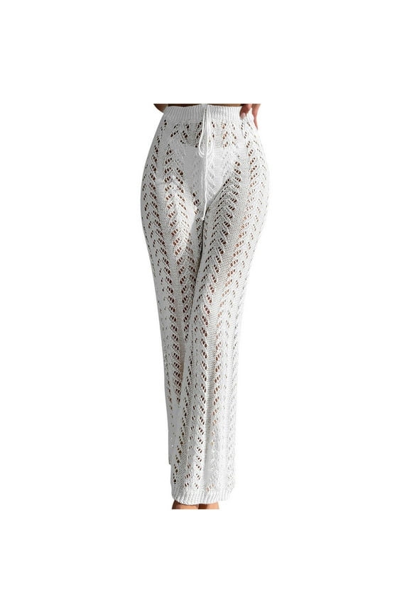 Women's High Waist Drawstring See Through Knit Pants Summer Beach Swimsuit Cover Up Pants