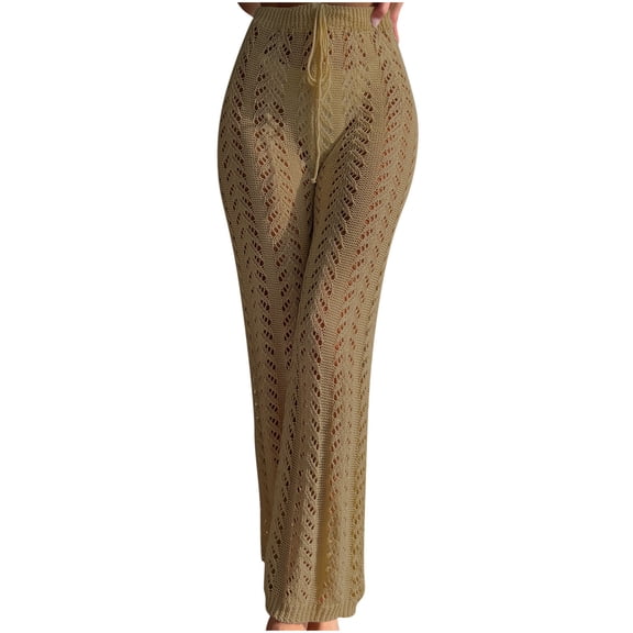 ameIAEA Women's High Waist Drawstring See Through Knit Pants Summer Beach Swimsuit Cover Up Pants