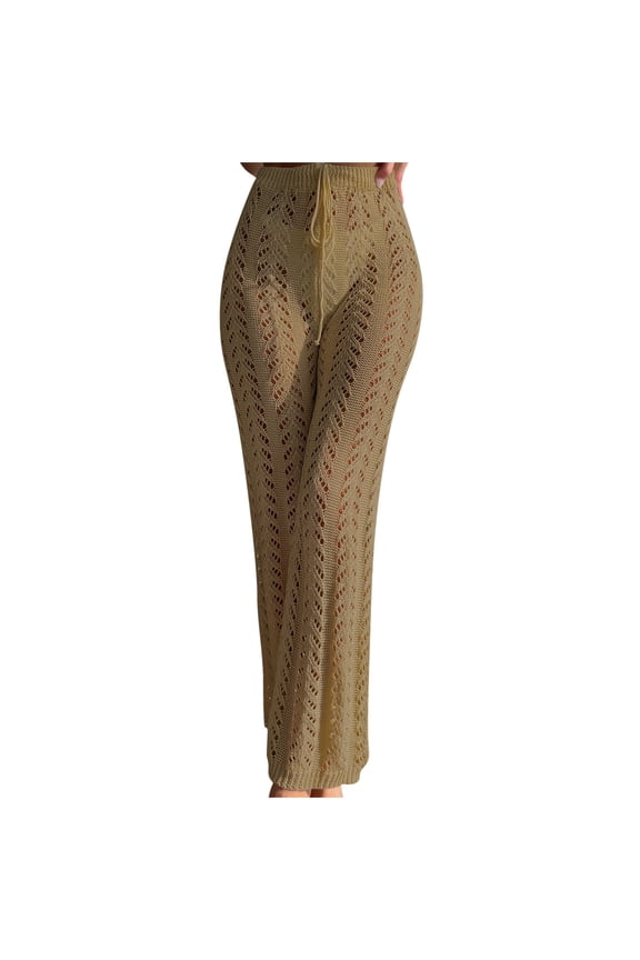 Women's High Waist Drawstring See Through Knit Pants Summer Beach Swimsuit Cover Up Pants