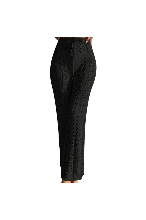 Women's High Waist Drawstring See Through Knit Pants Summer Beach Swimsuit Cover Up Pants