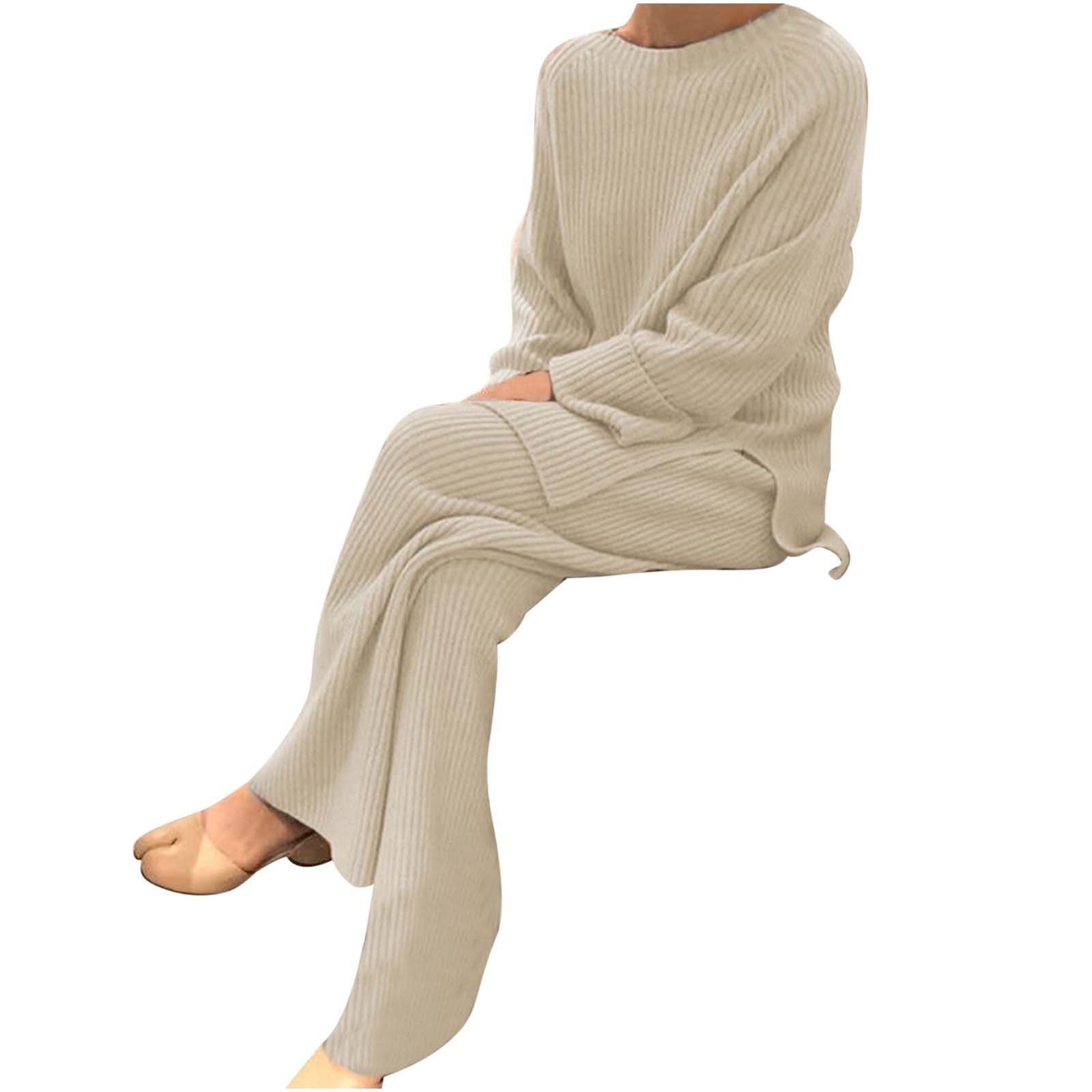 Women's Ribbed Knit Lounge Set - V-Neck Long Sleeve Top & Wide Leg Pants, 90% Polyester 10% Spandex