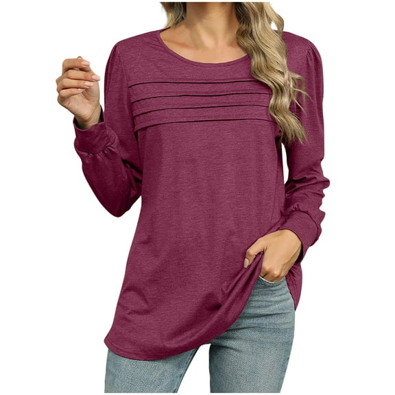 ameIAEA Women's Long Sleeve Fall Tops Round Neck Casual Pleated Shirts Solid Color Trendy Blouse
