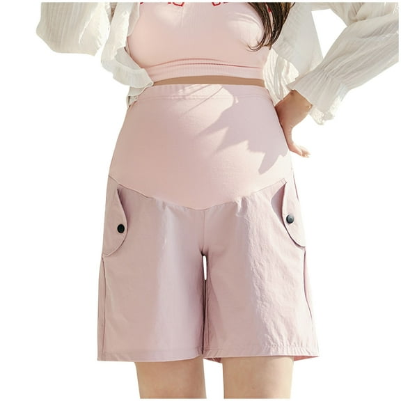 ameIAEA Women's Maternity Stretch Shorts Cotton Linen Solid Color Pregnancy Shorts with Pockets