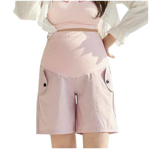 ameIAEA Women's Maternity Stretch Shorts Cotton Linen Solid Color Pregnancy Shorts with Pockets