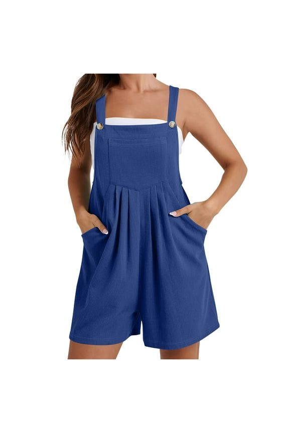 Women's Overalls Pleated Wide Leg Short Rompers Summer Sleeveless Jumpsuit with Pockets