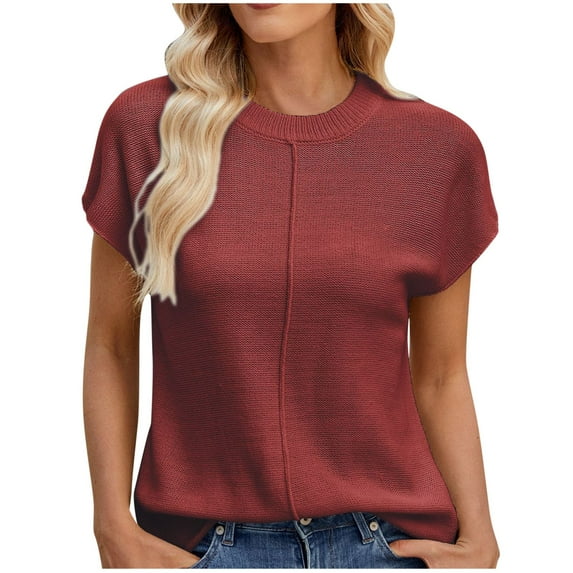 ameIAEA Women's Short Sleeve Knitted Shirts Crewneck Solid Color Sweater Spring Summer Tops