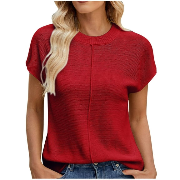 ameIAEA Women's Short Sleeve Knitted Shirts Crewneck Solid Color Sweater Spring Summer Tops