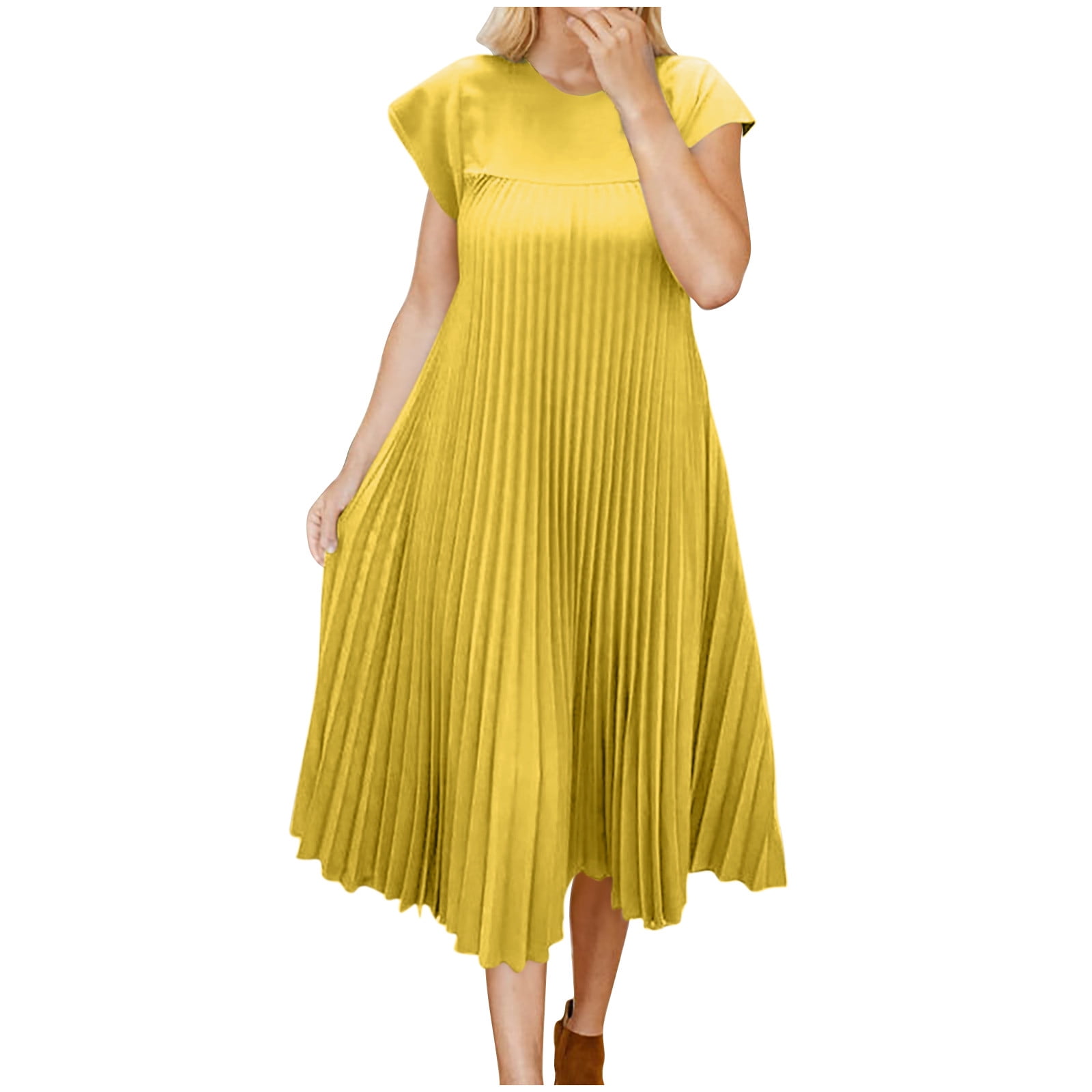 women's short sleeve pleated waist dress,