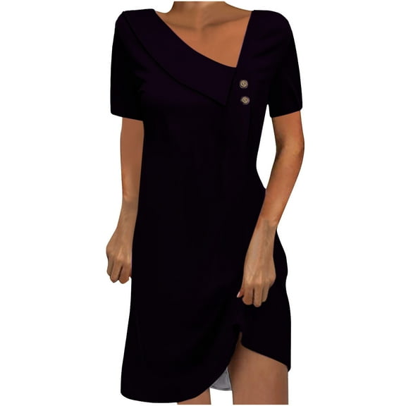 ameIAEA Women's Short Sleeve Summer Dress V Neck Solid Color Casual Business Work Dress