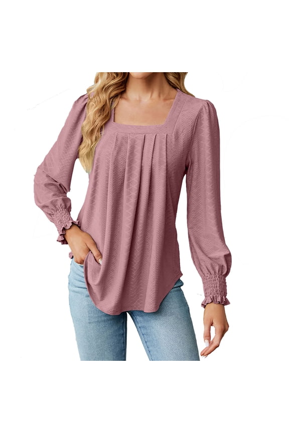 Women's Square Neck Pleated Tunic Top Lantern Long Sleeve Blouse Solid Color Curved Hem Casual Shirts