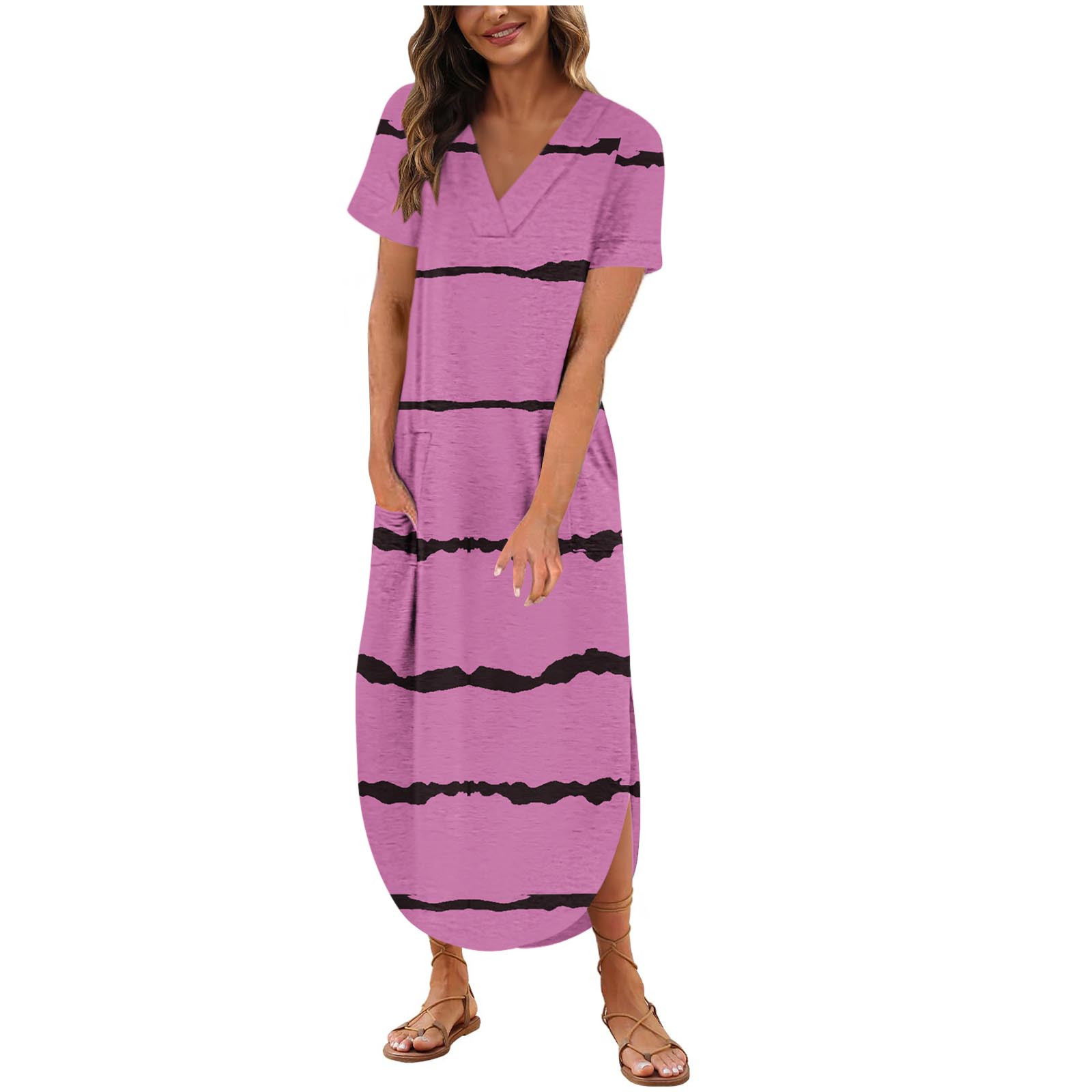 ameIAEA Women's Summer Maxi Dress Short Sleeve V Neck Casual Loose Long ...