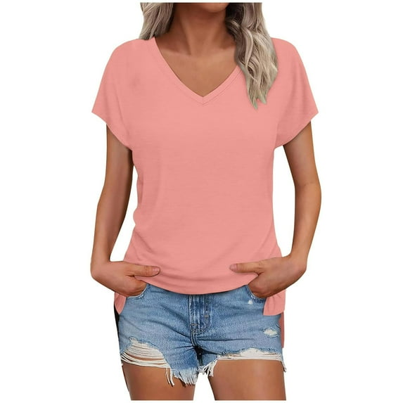ameIAEA Women's T-Shirts Short Sleeve V Neck Summer Casual Tees Solid Color Basic Tops Trendy Outfits