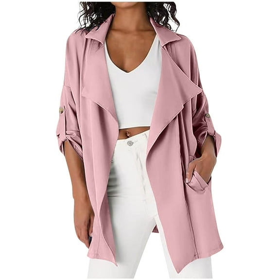 ameIAEA Women's Trench Coat Long Sleeve Open Front Cardigan Fall Casual Overcoat with Pockets