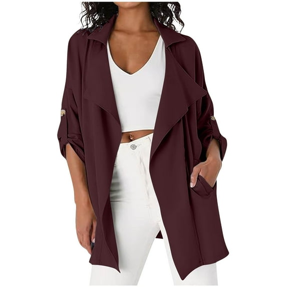 ameIAEA Women's Trench Coat Long Sleeve Open Front Cardigan Fall Casual Overcoat with Pockets