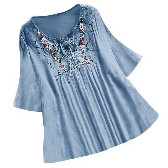 ameIAEA Women's Tunic Tops Cotton Linen Half Sleeve Floral Blouses Lace-Up Ruffle Casual Shirts