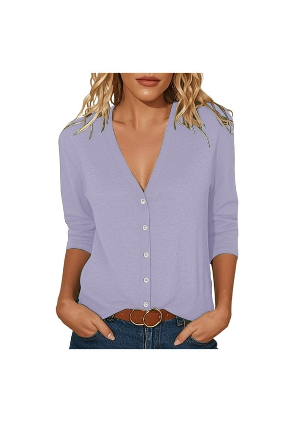 Women's V-Neck Cardigan Summer Lightweight 3/4 Sleeve Open Front Button Down Cover Up