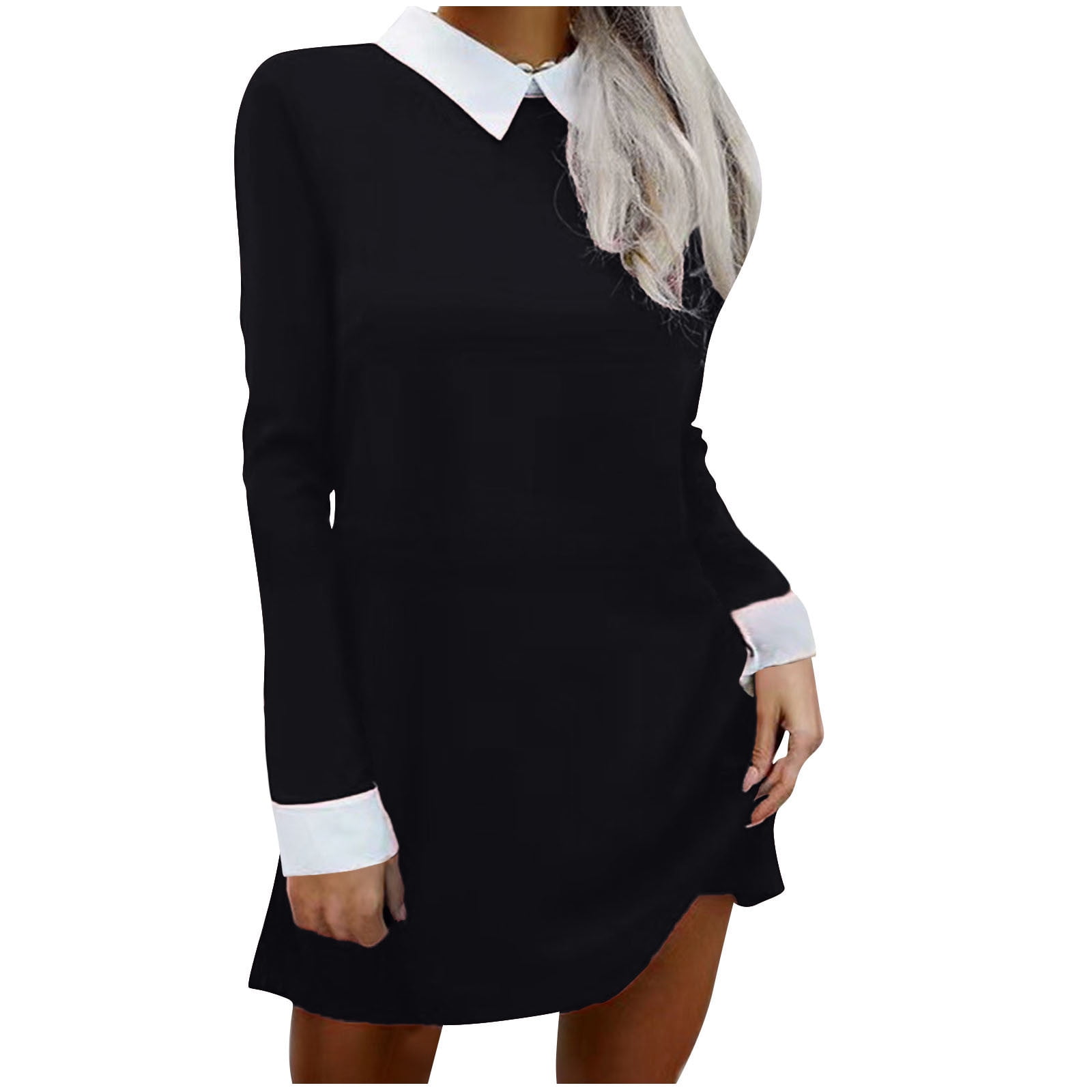 Office Collared Horn Long Sleeve Black White Contrast Color Length Dress