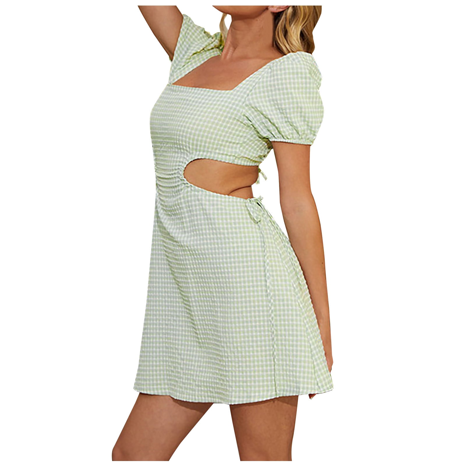 Tagunop Women's Summer Smocked Mini Dress - Square Neck, Ruffled Sleeves, Chiffon
