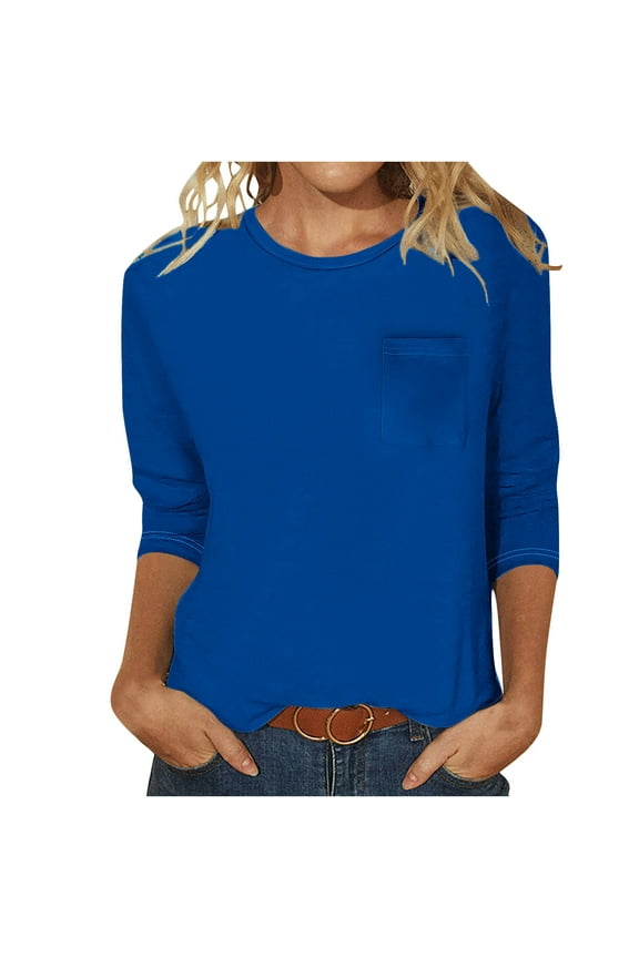 Womens 3/4 Sleeve T Shirts Summer Crewneck Solid Color Comfy Shirt Casual Pocket Tee Tops