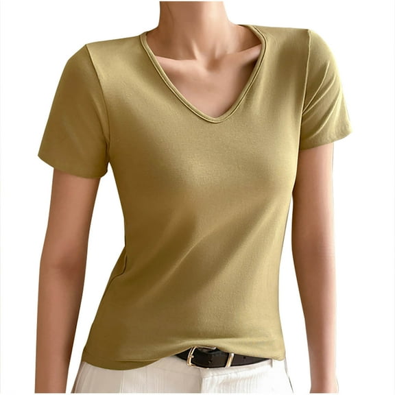 ameIAEA Womens Basic Tee Shirts Short Sleeve V Neck Casual T-Shirts Solid Color Summer Spring Tops