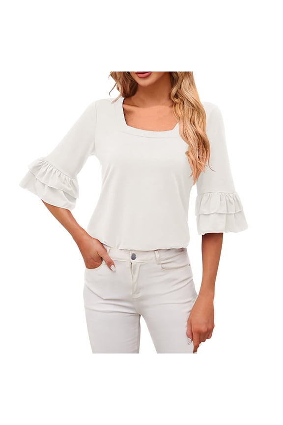 Womens Casual Square Neck Blouses Ruffle Half Sleeve Dressy Shirt Solid Color Business Tops