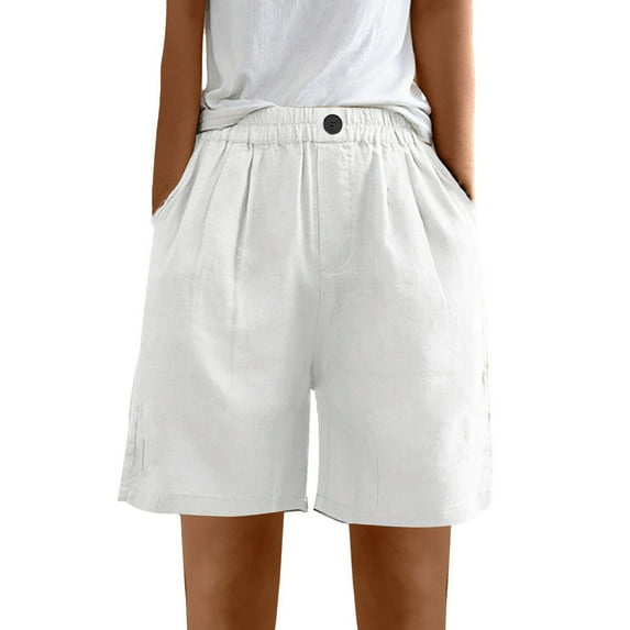 ameIAEA Womens Cotton Linen Shorts Elastic Waist Casual Shorts Solid Color Fashion Comfy Straight Pants