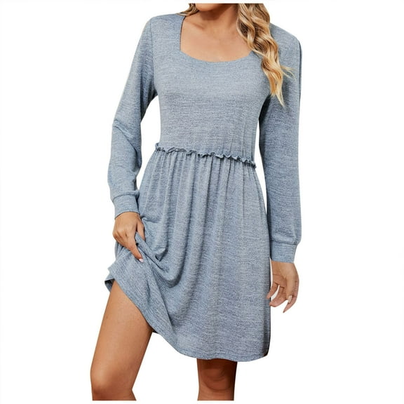 ameIAEA Womens Fall Dress Square Neck Long Sleeve Dresses Ruffle A Line Solid Color Casual Dress