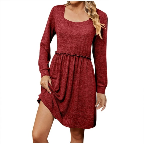 ameIAEA Womens Fall Dress Square Neck Long Sleeve Dresses Ruffle A Line Solid Color Casual Dress