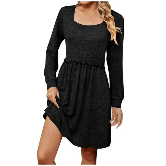 ameIAEA Womens Fall Dress Square Neck Long Sleeve Dresses Ruffle A Line Solid Color Casual Dress