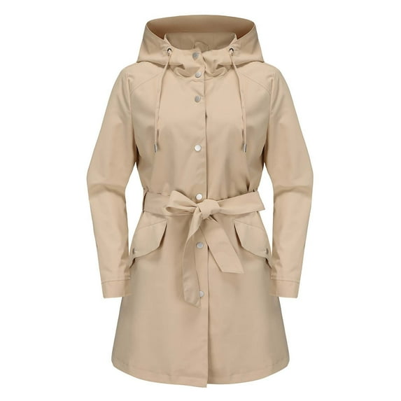 ameIAEA Womens Long Sleeve Hooded Jacket Windproof Waterproof Trench Coat Travel Hiking Overcoat with Belt