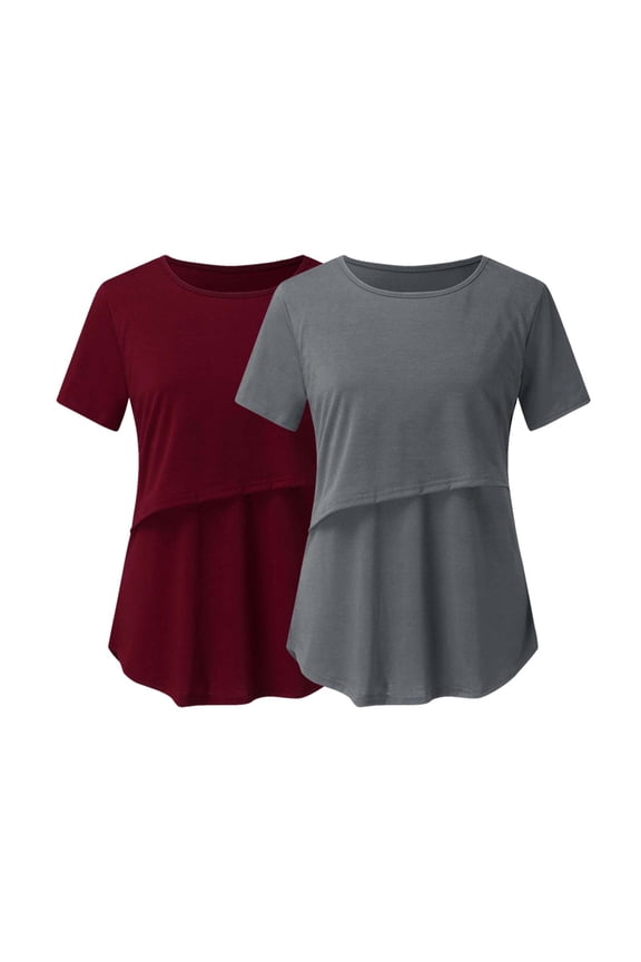 Womens Nursing Tops 2 Pack Short Sleeve Breastfeeding Shirts Double Layer Postpartum Shirt