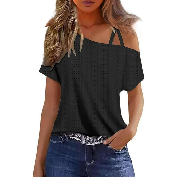 ameIAEA Womens Off Shoulder Short Sleeve Casual Tops Solid Color Hollow Out Summer Loose Shirts