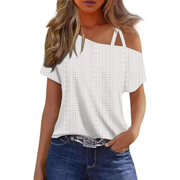 ameIAEA Womens Off Shoulder Short Sleeve Casual Tops Solid Color Hollow Out Summer Loose Shirts