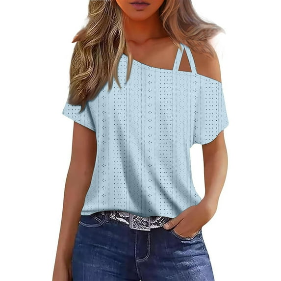 ameIAEA Womens Off Shoulder Short Sleeve Casual Tops Solid Color Hollow Out Summer Loose Shirts