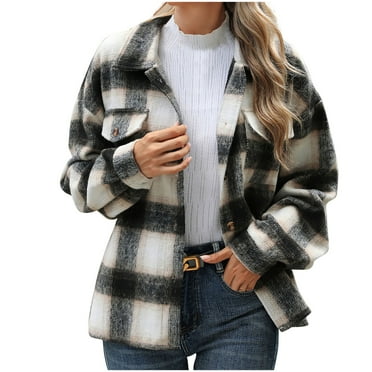 ameIAEA Womens Plaid Shacket Jackets Long Sleeve Collar Button Down Fall Coat with Pockets