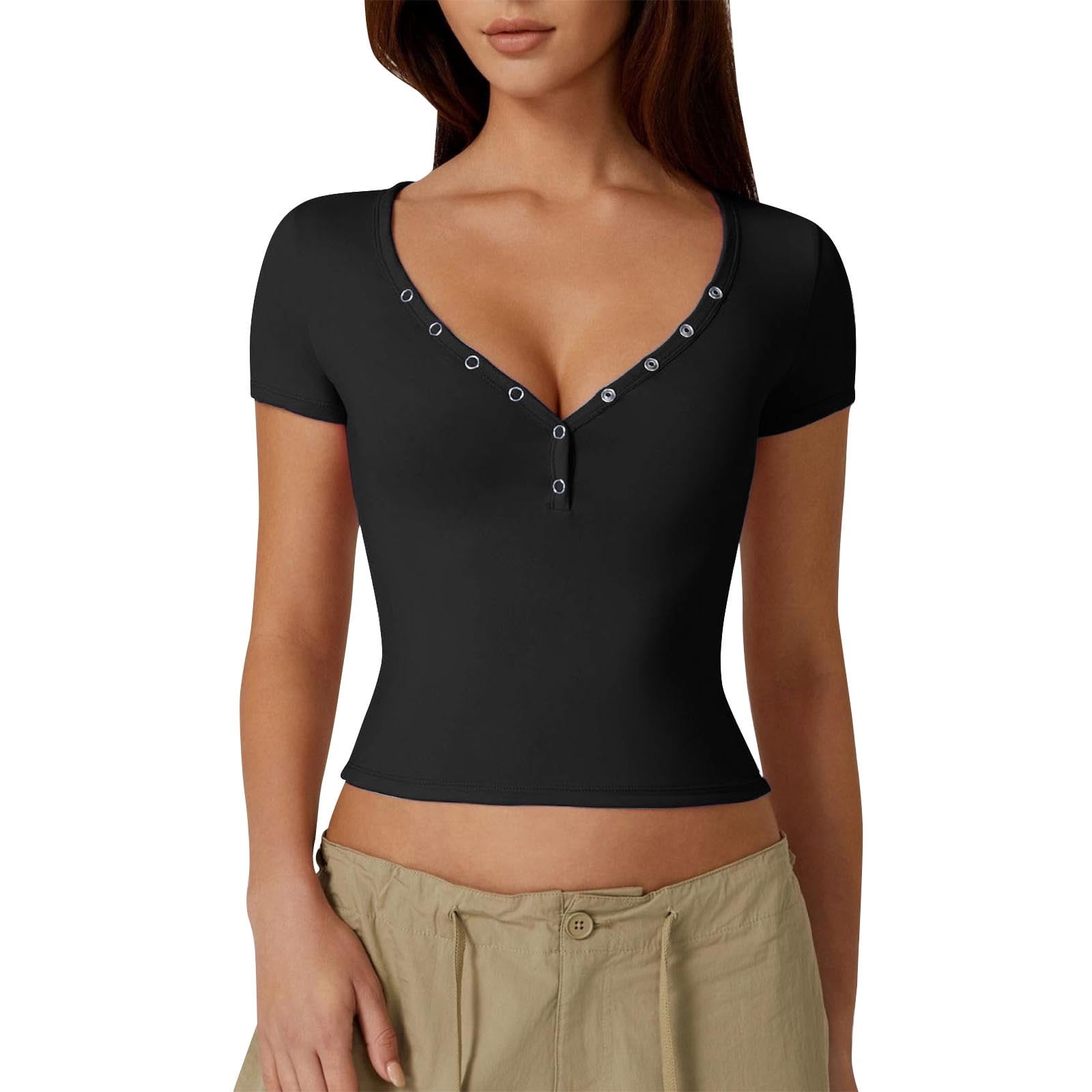 ameIAEA Womens Short Sleeve V Neck Slim Shirts 2024 Summer Crop Tops ...
